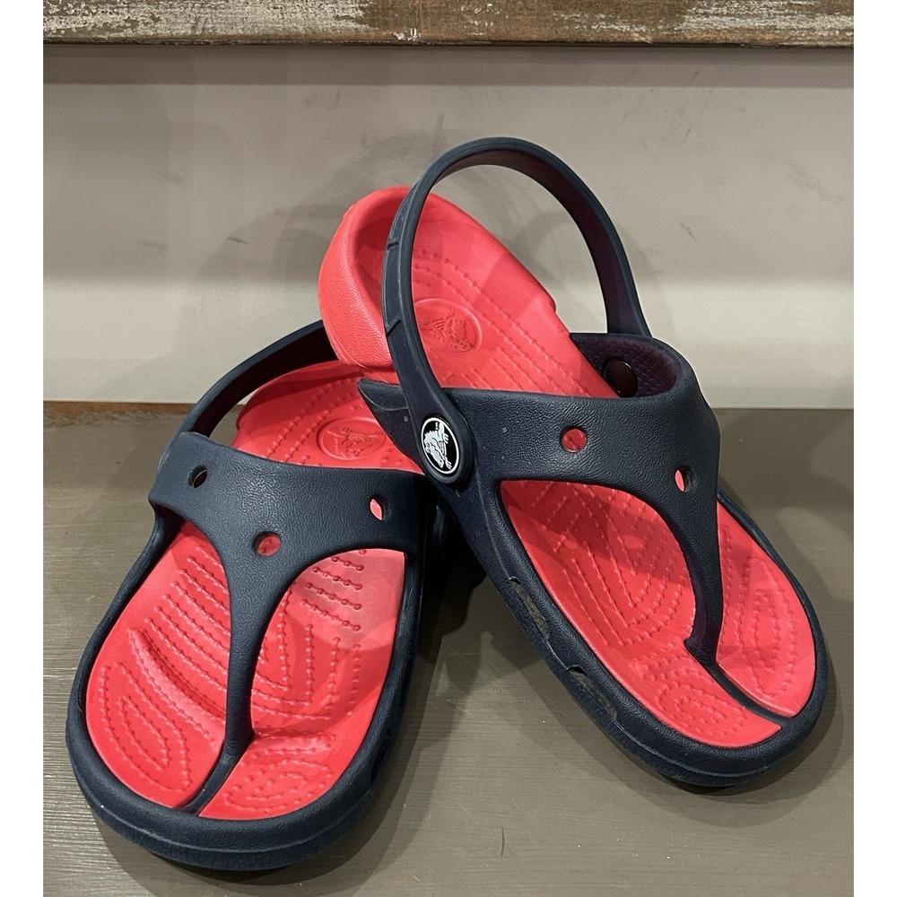 Crocs Electro‎ Flip Kids Size 10 c 11 Navy Red Slides Slingback Thong Sandals